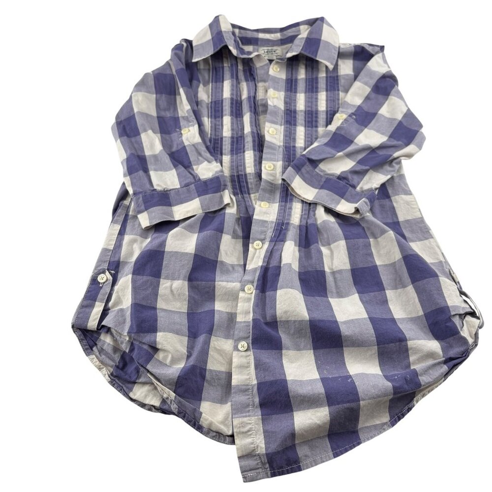 Levis Medium Blue‎ White Plaid Cotton Shirt button up 3/4 sleeves Tunic